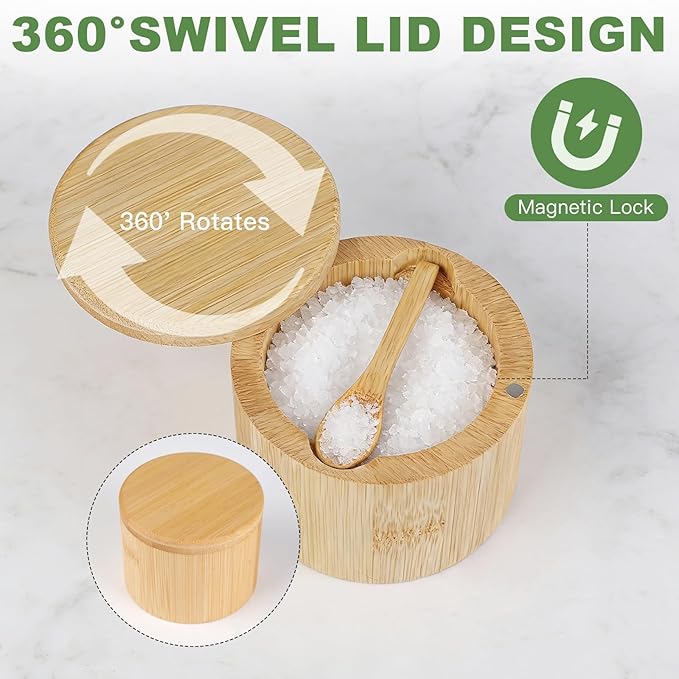 Ninsula Bamboo Salt Cellar, 360째 Magnetic Swivel Lid Salt Container with Built-in Spoon for Storing Table Salt, Pepper, Sugar, Sea Salt, Spices, and Herbs