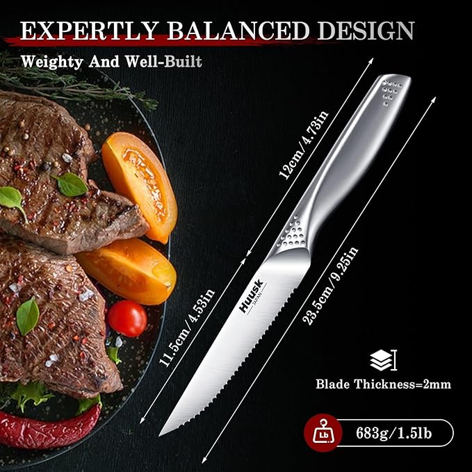 Huusk Serrated Steak Knives Set, 4.5" Japanese Stainless Steel Steak Knives Set of 8, Sharp Dishwasher Safe Dinner Knife for Kitchen Table with Gift Box, Christmas Gifts for Men Women