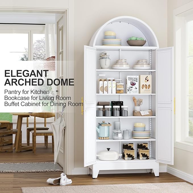 73"H Metal Tall Arched Kitchen Pantry Cabinet, Modern Farmhouse China Storage Cabinets with 2 Door and Adjustable Shelves, Versatile Cupboard for Kitchen, Dining Room, Bathroom, Bedroom（White）