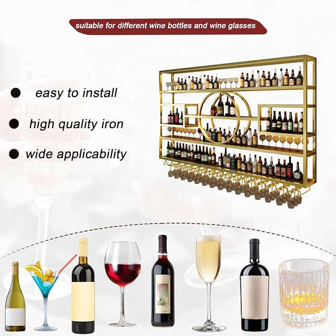 Wall Mounted Wine Rack, Modern Industrial Hanging Liquor Bottles Shelves with Wine Glass Holder, Metal Floating Wine Storage Display Shelf, for Bar, Kitchen, Wine Cellar (Gold, 320cm/126in)