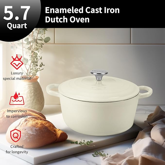Enameled Cast Iron Dutch Oven Pot with Lid, 5.7 Quart Dutch Oven for Bread Baking, Oven Safe up to 500째 F, Suitable for Bread Baking, Braising, Roasting, Stews, White