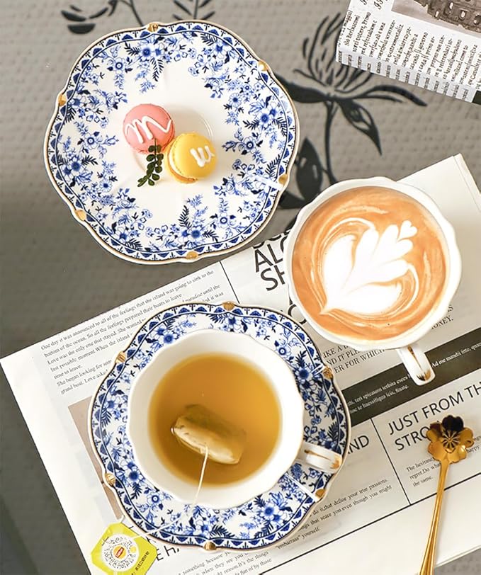 Noviko Ceramic Tea Cups and Saucers Set Vintage Floral Teacup for Women (2, Blue)