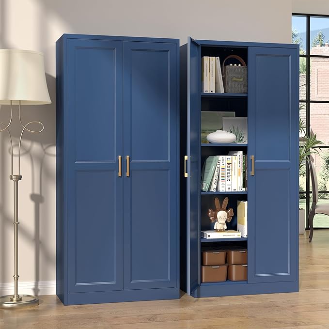 Kitchen Pantry Cabinet,71?쒫lue Metal Pantry Storage Cabinets with Doors and 4 Adjustable Shelves,Kitchen Cabinet with 2 Gold Handles,Tall Cabinet for Livingroom,