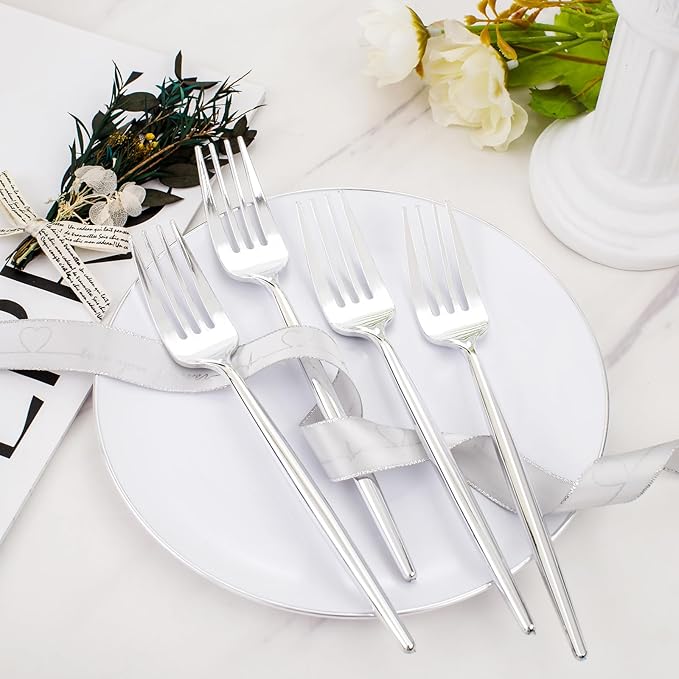 Rubtlamp 100Pcs Plastic Dessert Plates 7.5inch,100Pcs Disposable Silver Forks,White Plastic Plates With Silver Rim, Small Plastic Plates,Dessert Plates With Forks for Appetizer Cake