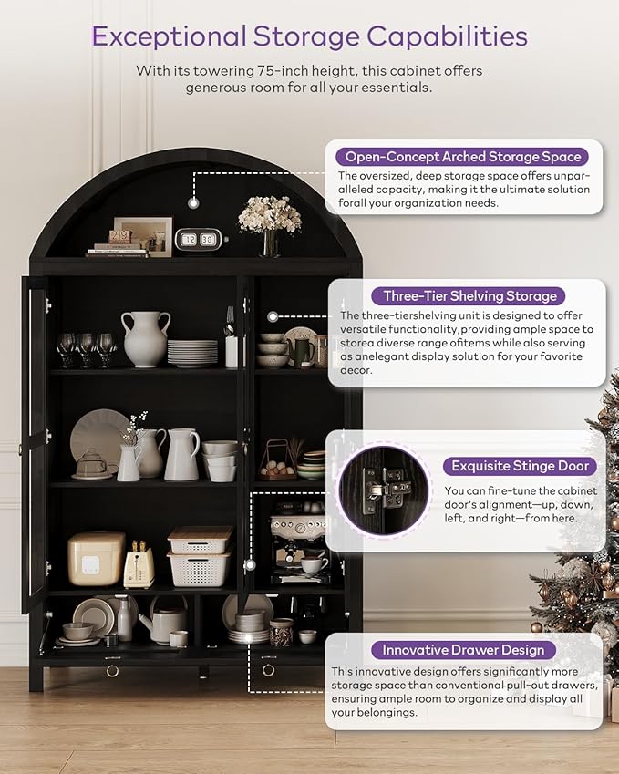 TYBOATLE 75 Inch Arched Cabinet Classic Farmhouse Design w/Three Glass Doors, Arch Cabinet w/Rattan Drawers and Anti-Tipping Device, Versatile Cupboard for Kitchen, Bathroom, Black