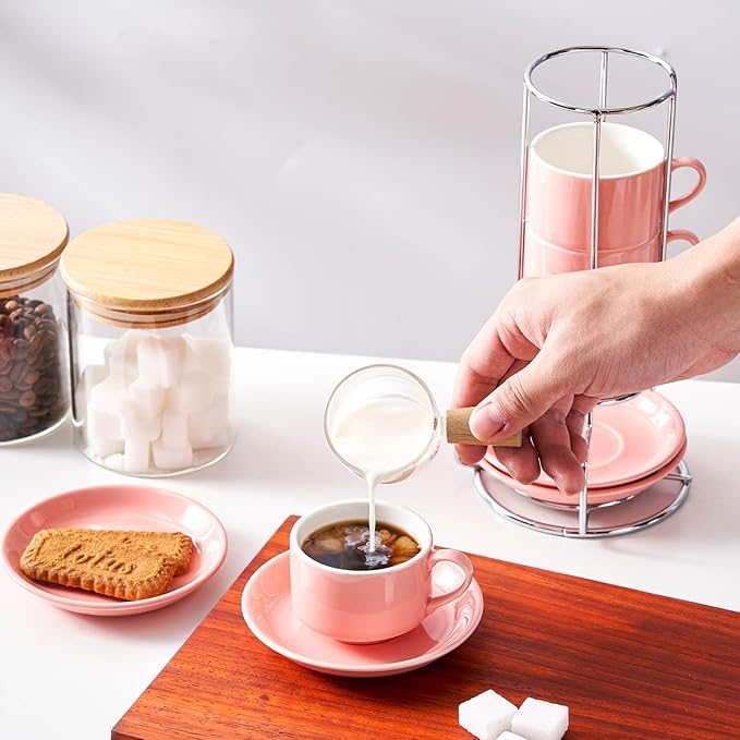 2.5oz Espresso Cups Set of 4, Small Stackable Coffee Cups with Saucers and Metal Stand, Ceramic Demitasse Cups, Cappuccino Cups for Coffee Drinks, Latte, Pink