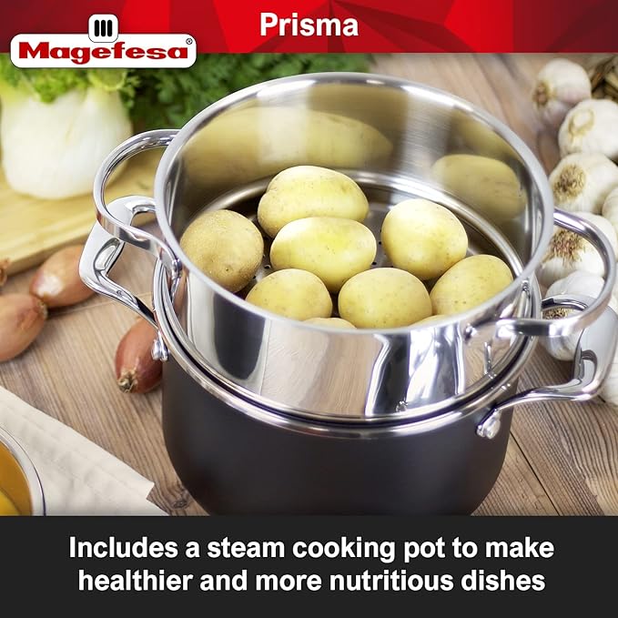 MAGEFESA Prisma 13-Piece Stainless Steel Cookware Set ??Durable Pots & Pans with Nonstick Interior, Matte Black Exterior, Oven Safe up to 392째F