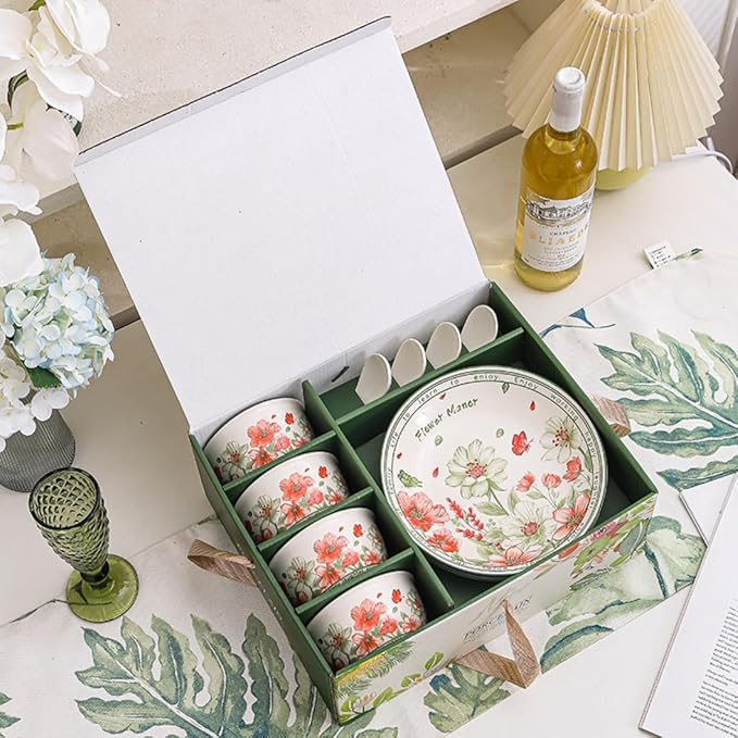 Premium Ceramic Dinnerware Set ??Floral Bowls & Plates Set, Elegant Hand-Painted Design, Microwave Safe, Ideal for Wedding/Housewarming/Corporate Gifts (Blossoms, 4*bowls+spoons+plates)