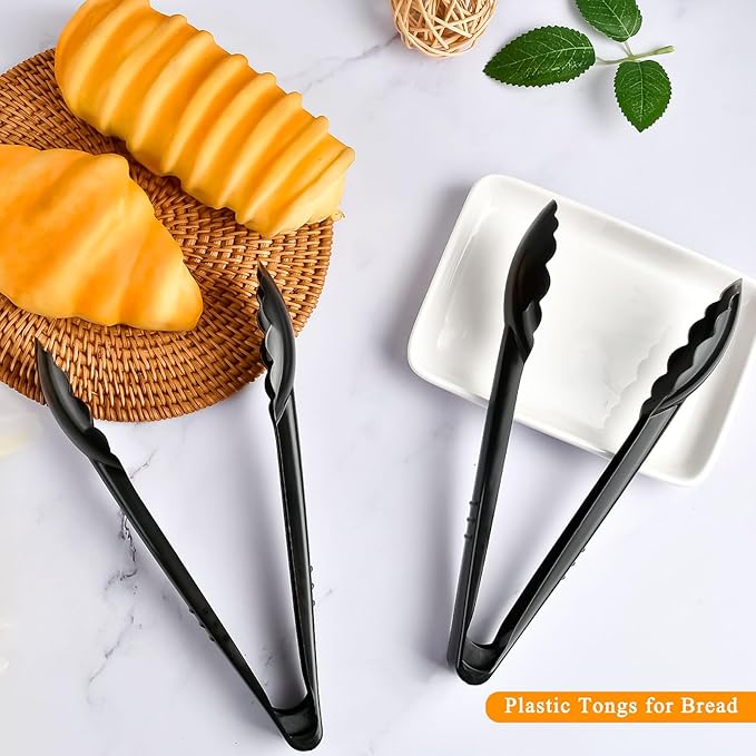 30 Pcs Black Plastic Serving Tongs, 8.5 Inch, Heavy Duty Reusable, Ideal for Buffets, BBQ, Weddings, Catering, Party