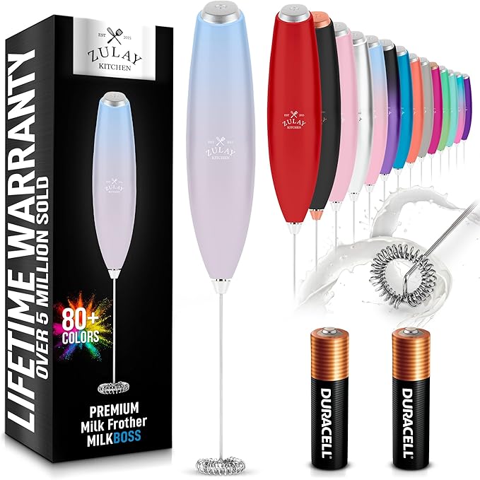 Zulay Kitchen Milk Frother Handheld Electric Whisk with AA Duracell Batteries ??Durable Drink Mixer for Coffee, Lattes, Cappuccinos & More - Cloud