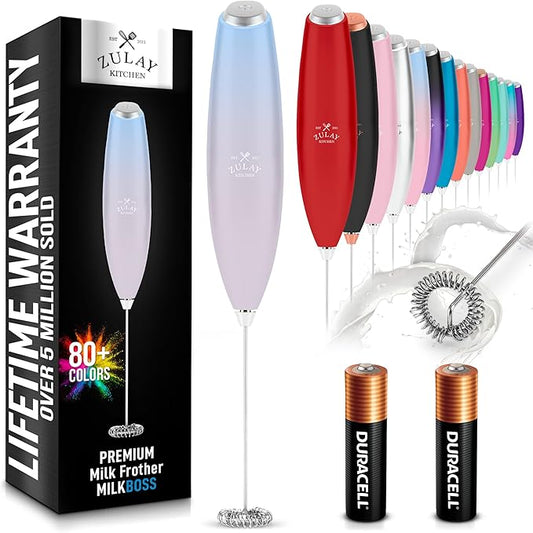 Zulay Kitchen Milk Frother Handheld Electric Whisk with AA Duracell Batteries ??Durable Drink Mixer for Coffee, Lattes, Cappuccinos & More - Cloud
