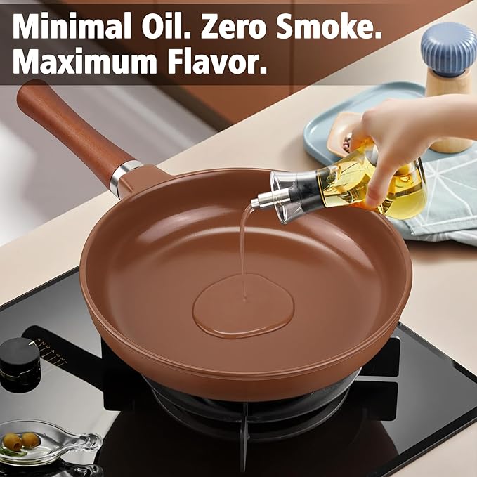 10-inch Pure Ceramic Frying Pan Skillet - Non-Toxic, PFOA/PFAS/PTFE Free, No Chemical Coating - Healthy Cooking - Solid Wood Handle (Brown)