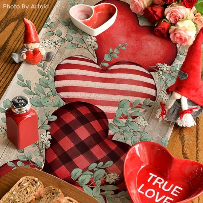 Artoid Mode Wood Eucalyptus Hearts Valentine's Table Runner, Anniversary HoliKitchen Dining Table Decoration for Home Party Decor 13x120 Inch