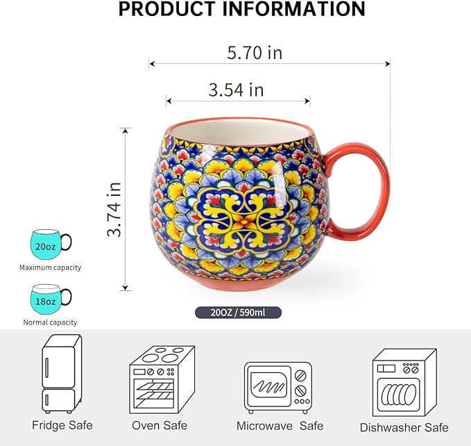 HENXFEN LEAD Boho Ceramic Coffee Mugs Set of 6 ??20 oz Large Porcelain Cups for Latte, Cappuccino, Tea, Cocoa & Soup ??Microwave & Dishwasher Safe
