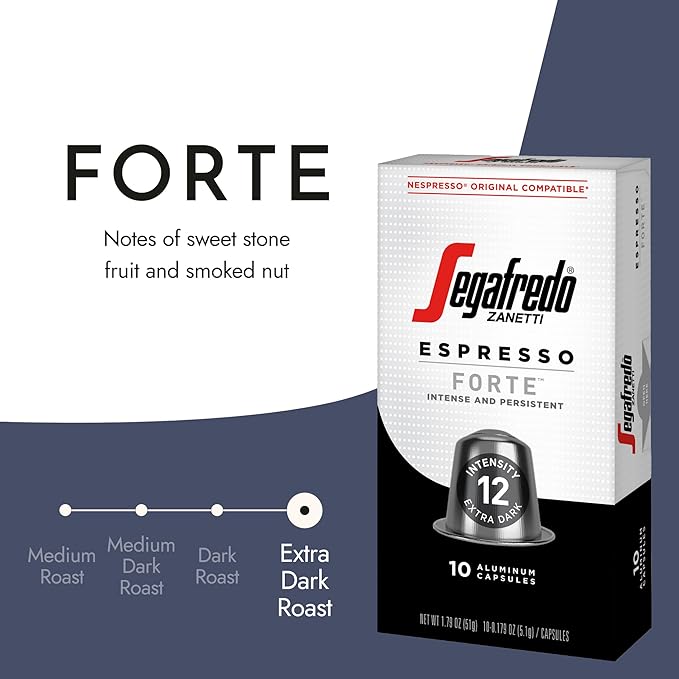 Segafredo Zanetti Espresso Capsules ??Aluminum Pods for Nespresso Original Machines ??Extra Dark Roast Premium Espresso with a Bold Aroma ??Smoky, Intensity 12 ??Forte, 10 Count