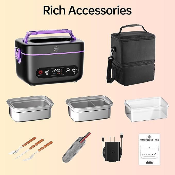 Cordless Electric Heated Lunch Box, 2x1.2L Portable Food Warmer Upgared 5D Surround Heat Tech 6x4000mAh Battery Powered with Dual Insulated Bag, 100W Automatic Heating 220째F Max BPA Free for Men