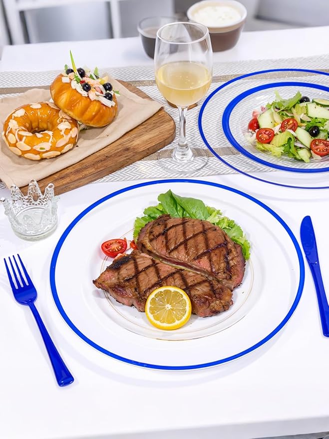 WDF 12 Inch Disposable Charger Plates - 25Pack Plastic Clear and Blue Charge Plates Perfect for Dinner/Wedding/Party/Elegant Tabletop Decor