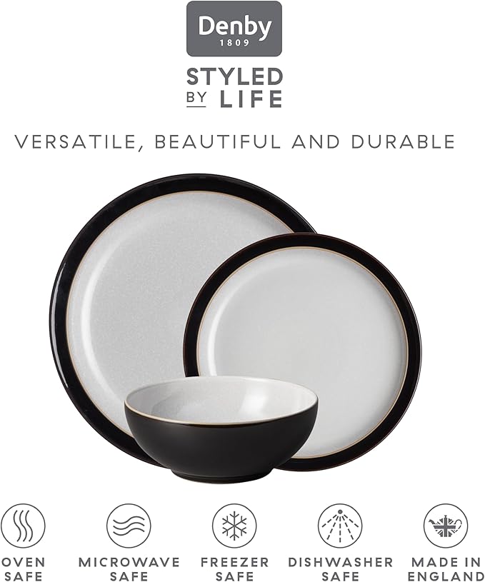Denby - Elements Black 3 Piece Set For 1 - Contemporary One Person Ceramic Tableware - Dishwasher & Microwave Safe, Scratch Resistant Stoneware - Includes 1 x Large Plate, Side Plate & Cereal Bowl