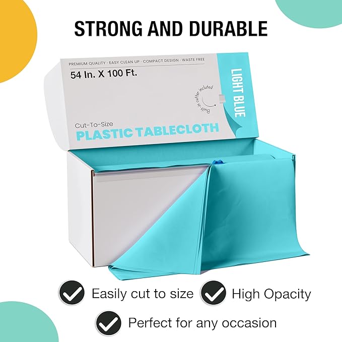 Exquisite Light Blue Plastic 54x100in Table Cover Roll with Built-in Cutter - 100 Feet, Disposable, Waterproof, All-Season, Rectangular