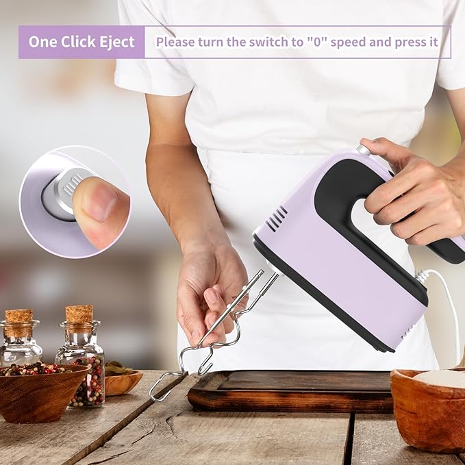 9-Speed Digital Hand Mixer Electric, 400W Powerful DC Motor, Baking Handheld with Snap-On Storage Case, 5 Stainless Steel Accessories, Flat Beaters, Dough Hooks, Whisk(Purple/Black)
