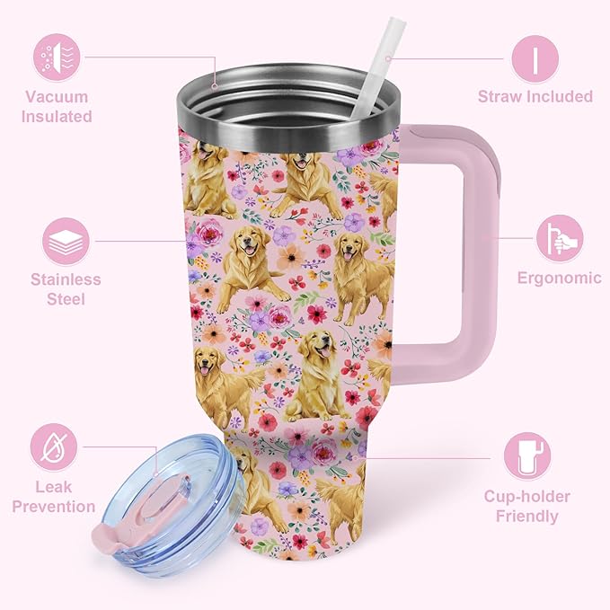 Yogusut Golden Retriever Gifts for Women, 40oz Stainless Steel Insulated Tumbler Travel Mug Cup with Handle Straw, Gifts for Dog Mom Dog Lover