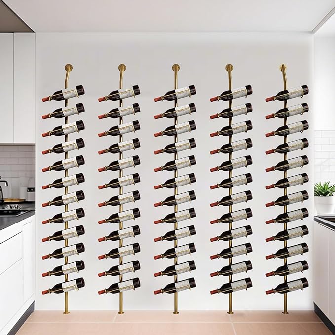 Large Wall Mount Wine Rack, H 72.8inch Wall Mounted Shelves for Bar, Holds 12 Metal Wine Storage Holder, for Commercial Restaurants Pantry Bar Wine Cellar (Gold, Second Row - 24 Bottles)
