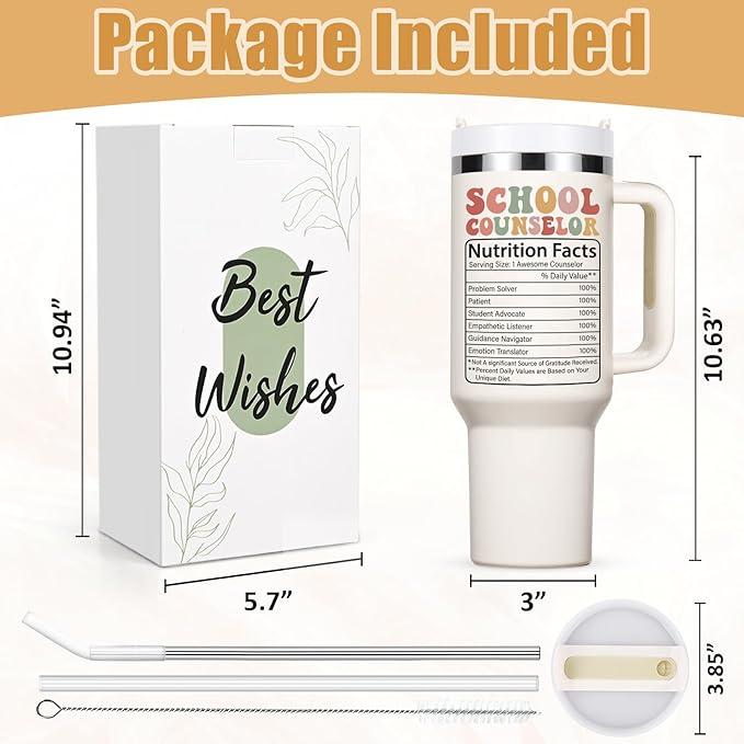 Lifecapido School Counselor Appreciation Gifts, 40oz Shape Little Minds Insulated Tumbler with Lid & Straw, School Counselor Gifts for Appreciation Week Christmas(Cream)