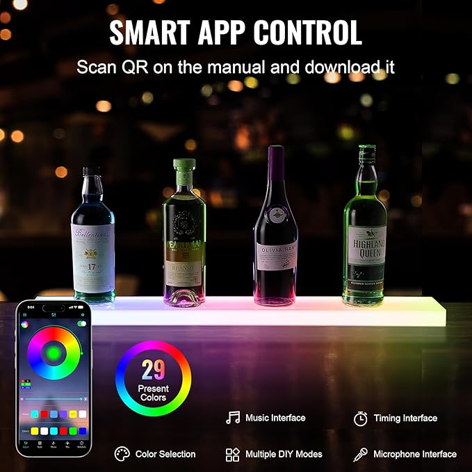 VEVOR LED Lighted Liquor Bottle Display, 1 Tier 30 Inch Wall Mounted Whiskey Rack Stand, 1 Step Commercial Illuminated Home Bar Shelf, Acrylic Drinks Light Shelves with RF Remote & App Control