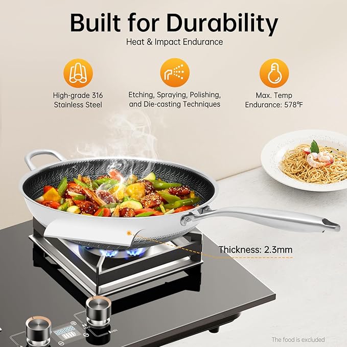 SUS 316 Stainless Steel Wok, Nonstick Frying Pan & Skillet with Lid, Induction Compatible Cookware, Honeycomb Wok Pan for Stir-Frying Saut챕ing Home Kitchen Camping Cooking (34cm)