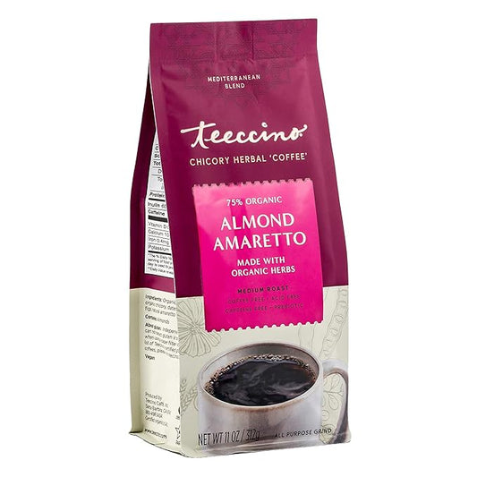 Teeccino Almond Amaretto Chicory Coffee Alternative - 11 Ounce - Ground Herbal Coffee That?™s Prebiotic, Caffeine Free & Acid Free, Medium Roast