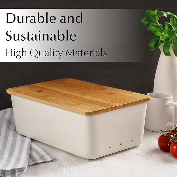 MIAMIO ??Bread Box for Kitchen Countertop/Ceramic Bread Box with Cutting Board, Bread Container with Bamboo Lid, 12.6 x 7.9 x 4.5 inches