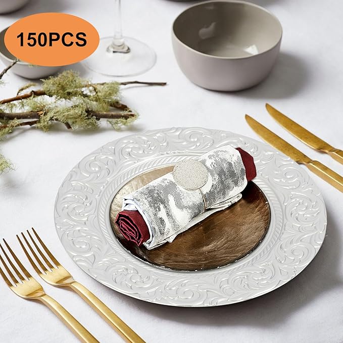 150pcs Silver Charger Plates, 13" Round Reusable Decorative Flower Relief Carving Bulk Chargers for Dinner Plates, Wedding, Bridal Shower
