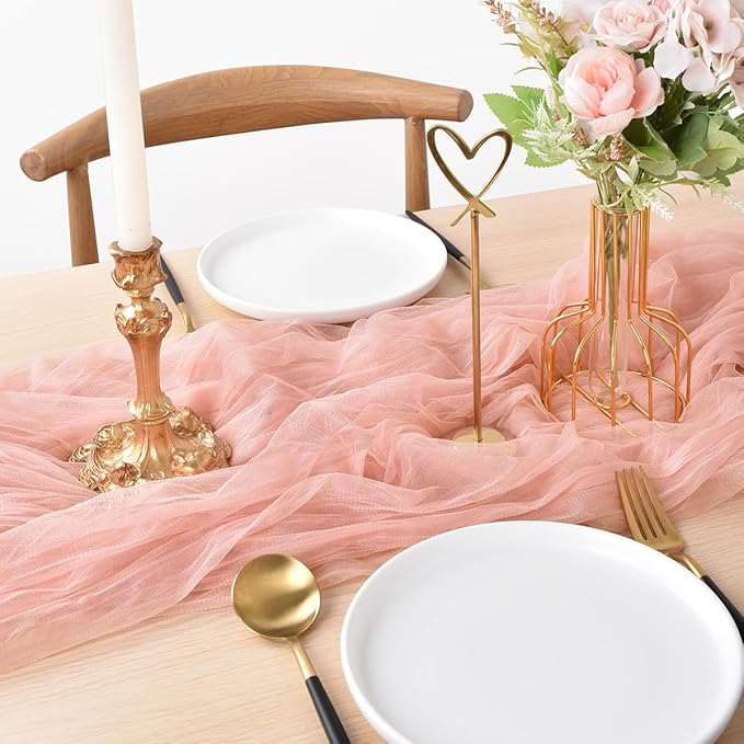 Joanlody Coral Pink Cheesecloth Table Runner Fall Thanksgiving 10Ft Rustic Gauze Boho Cheese Cloth Table Runner for Wedding Bridal Baby Shower Decoration