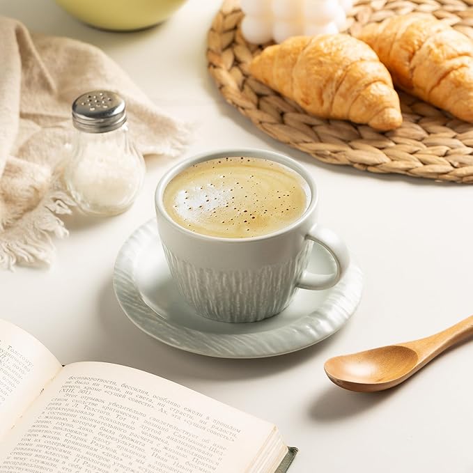 Ceramic Latte Cup with Saucer, 7 oz, Coffee Mug, Espresso Cups for Cappuccino, Milk Tea and Mocha, Dishwasher and Microwave Safe (grey)