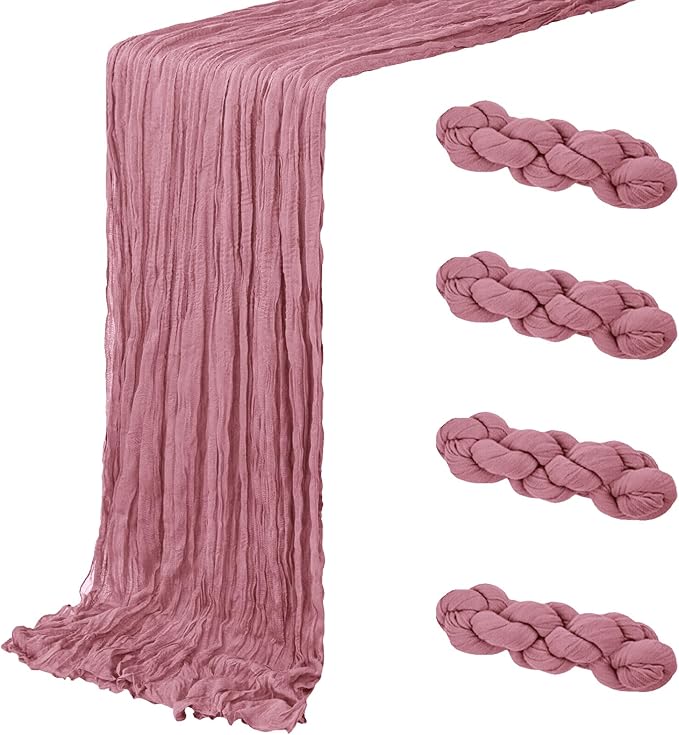 4 Pack Dusty Rose Cheesecloth Table Runner 20 x 120 inch Gauze Table Runners 10 FT Long,Semi Sheer Cheese Cloth Fabric Table Runner Bulk for Wedding,Party,Baby Shower,Bridal Shower Decoration