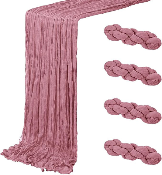 4 Pack Dusty Rose Cheesecloth Table Runner 20 x 120 inch Gauze Table Runners 10 FT Long,Semi Sheer Cheese Cloth Fabric Table Runner Bulk for Wedding,Party,Baby Shower,Bridal Shower Decoration