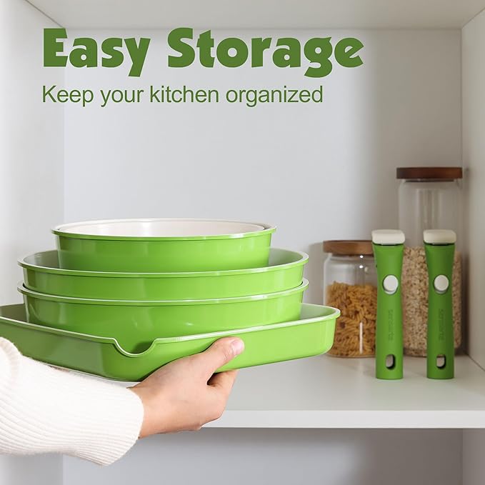 SENSARTE 17 Piece Ceramic Pots and Pans Set, Nonstick Detachable Handle Cookware, Induction Kitchen Cookware Set with Removable Handle, Dishwasher 竊?Oven Safe (Green)