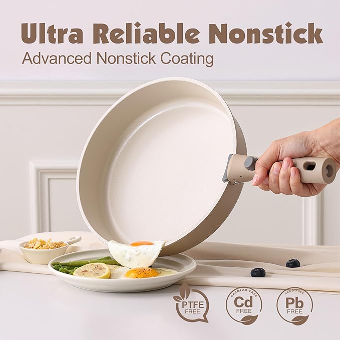 SENSARTE 17 Piece Ceramic Pots and Pans Set, Nonstick Detachable Handle Cookware, Induction Kitchen Cookware Set with Removable Handle, Dishwasher 竊?Oven Safe (Almond Beige)