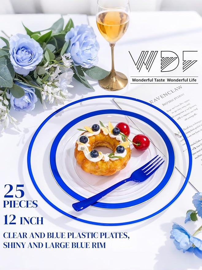 WDF 12 Inch Disposable Charger Plates - 25Pack Plastic Clear and Blue Charge Plates Perfect for Dinner/Wedding/Party/Elegant Tabletop Decor