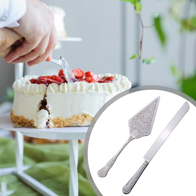 Vintage Wedding Cake Knife and Server Set, Stainless Steel Cake Pie Pastry Cutting Knife & Serving Spatula Set, Premium Party Supplies for Wedding, Birthday, Anniversary & Events, Silver