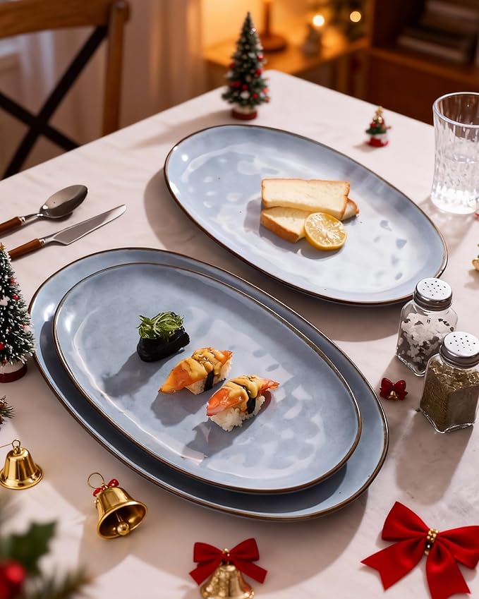 famiware Serving Platter, Oval 15.59/14.3/12.9inch Serving Dishes for Entertaining, Serving Bowls, Reactive Glaze, Stoneware Serving Trays for Party, Food, Turkey, Cheese, Ocean Series, Blue