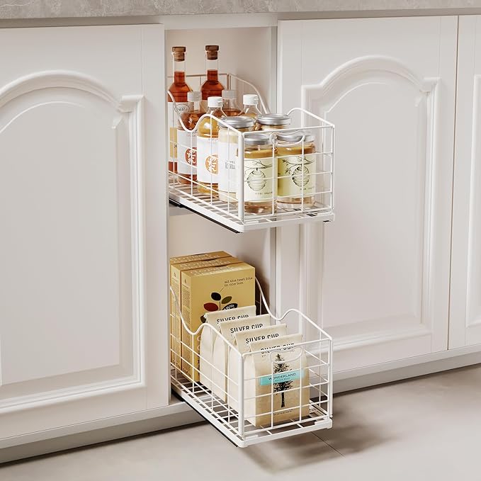 Pull out Narrow Cabinet Organizer,Carbon Steel Pull Out Drawer,Fixed Heavy Duty Kitchen Cabinet Slide Out Shelves for Storing and Organizing Bathrooms, Kitchens, Bedroom (White, Deep 16.7")