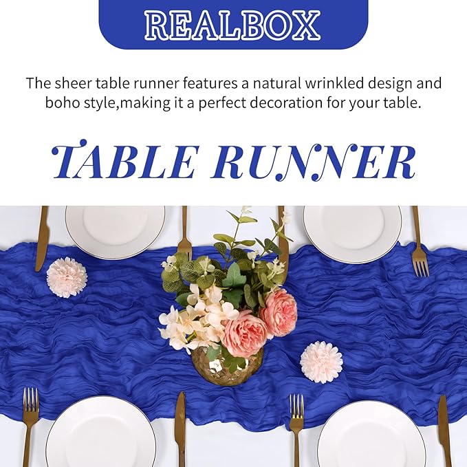RealBox 3 Pack Royal Blue Cheesecloth Table Runner 17x108 Inch Semi Sheer Boho Gauze Cheese Cloth Fabric Table Runners Table Decor for Wedding Party Baby Shower Birthday Home Decor Garden Farmhouse