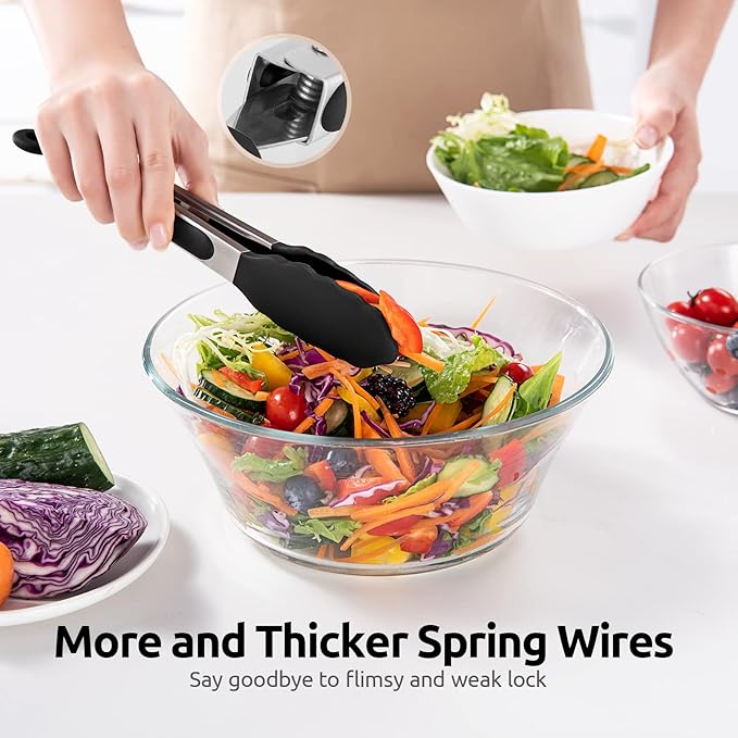 600쨘F Heat Resistant Kitchen Tongs: U-Taste 9 inch Silicone Cooking Tong with Firm Sealed Non Stick Rubber Tips & Silicon Coated 18/8 Stainless Steel Handle & Smooth Locking for Serving Salad (Black)
