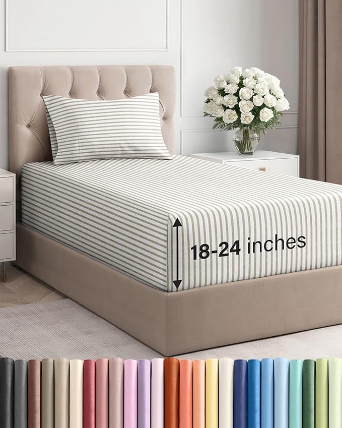 Extra Deep Pocket Twin Sheets - 3 Piece Breathable & Cooling Bed Sheets - Hotel Luxury Bed Sheet Set - Soft, Wrinkle Free & Comfy - Easily Fits Extra Deep Mattresses - Deep Pocket Beige Striped Sheets