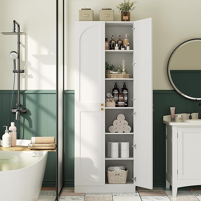 Cyclysio 80" Kitchen Pantry, Extra Tall Arch Storage Cabinet with 4 Doors and Adjustable Shelves, Freestanding Wood Cupboard with Seamless Fit Wall for Dining Living Room Bathroom Furniture (White)