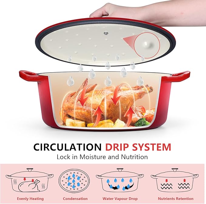 P&P CHEF Oval Dutch Oven with Lid, Enameled Cast Dutch Oven Pot for Bread Baking, Braising, Stewing, Roasting, Non-Stick & Oven Safe, Dual Handles & Easy Clean, 5QT & Red