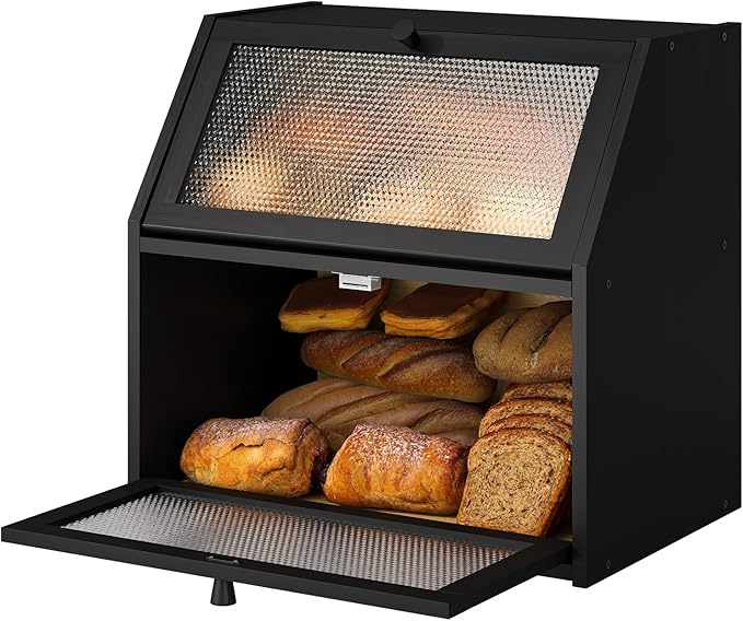 Bread Box for Kitchen Countertop Bin Double Layer Bread Box Storage Container Extra Large Capacity with Diamond Pattern Windows (Black, Extra Large)