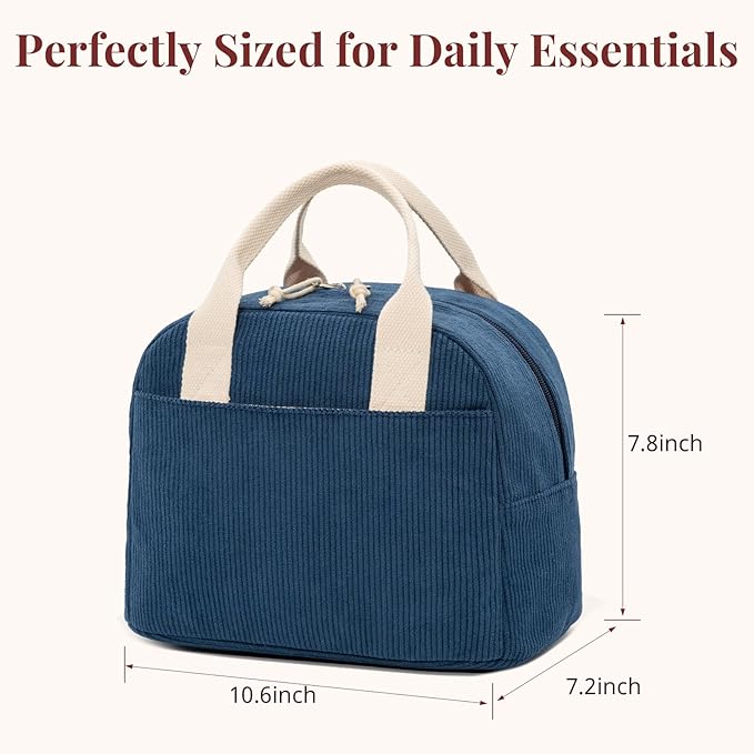 LOVELYWIND Insulated Navy Blue Lunch Bag for Women, Stylish Corduroy Tote with Aluminum Lining, Large Capacity Reusable Cooler for Work, Travel, or Beach, Beige Cream Water-Resistant Lunch Box