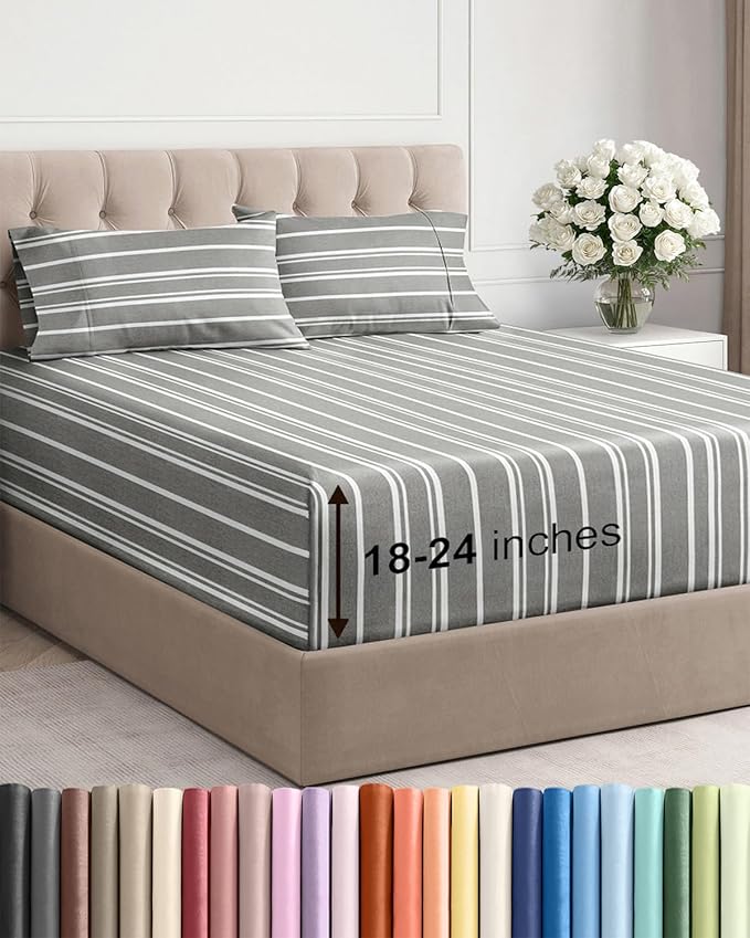 Extra Deep Pocket Full Sheets - 4 Piece Breathable & Cooling Bed Sheets - Hotel Luxury Bed Sheet Set - Soft, Wrinkle Free & Comfy - Easily Fits Extra Deep Mattresses - Deep Pocket Grey Striped Sheets